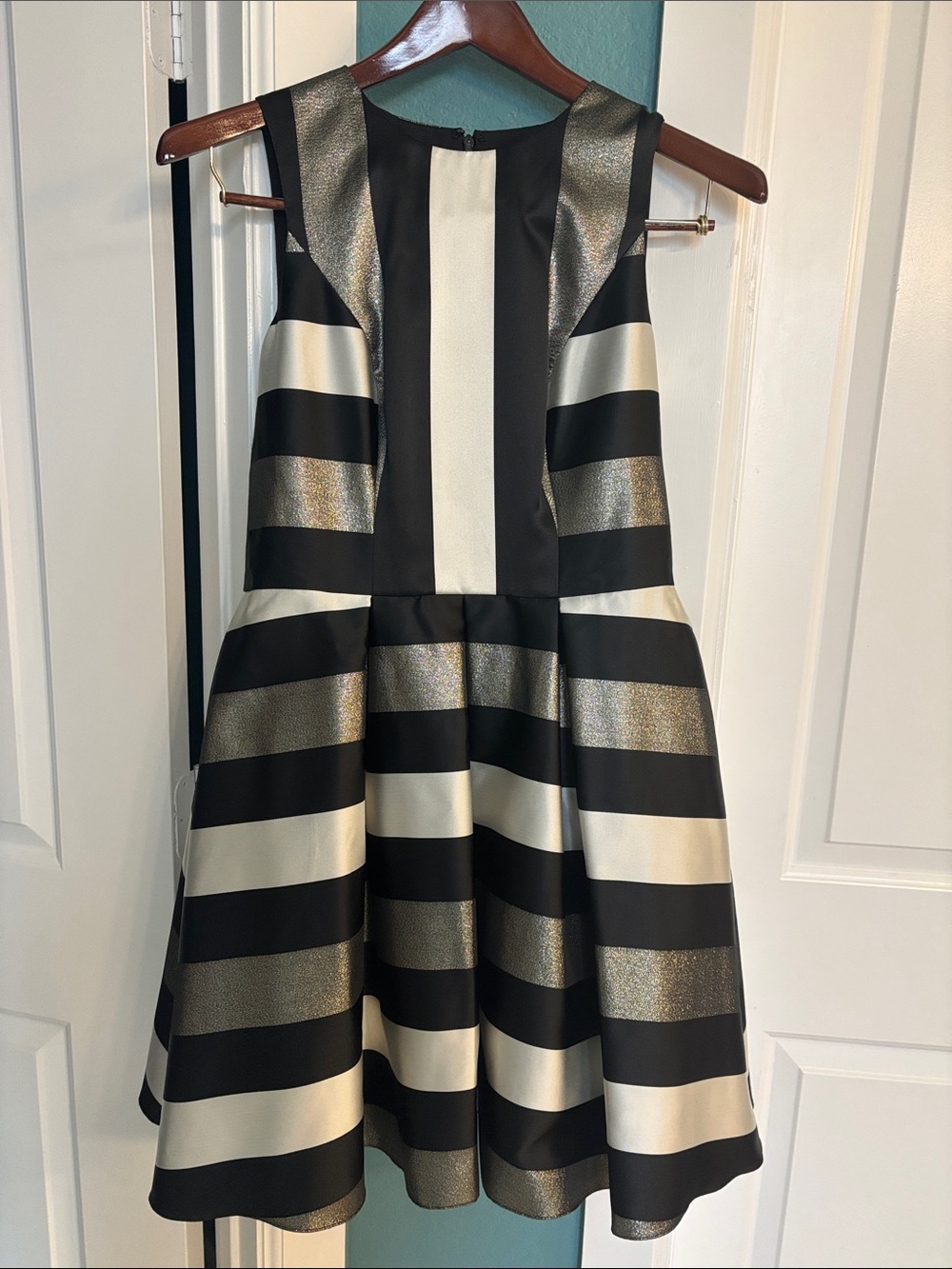 Forever Unique Black, Cream & Gold Striped Fit-and-Flare Formal Dress